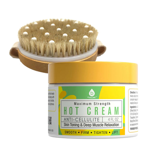 Crème chauffante anti-cellulite et relaxante musculaire Pursonic avec brosse de bain et masseur en caoutchouc - Manche en bois de lotus