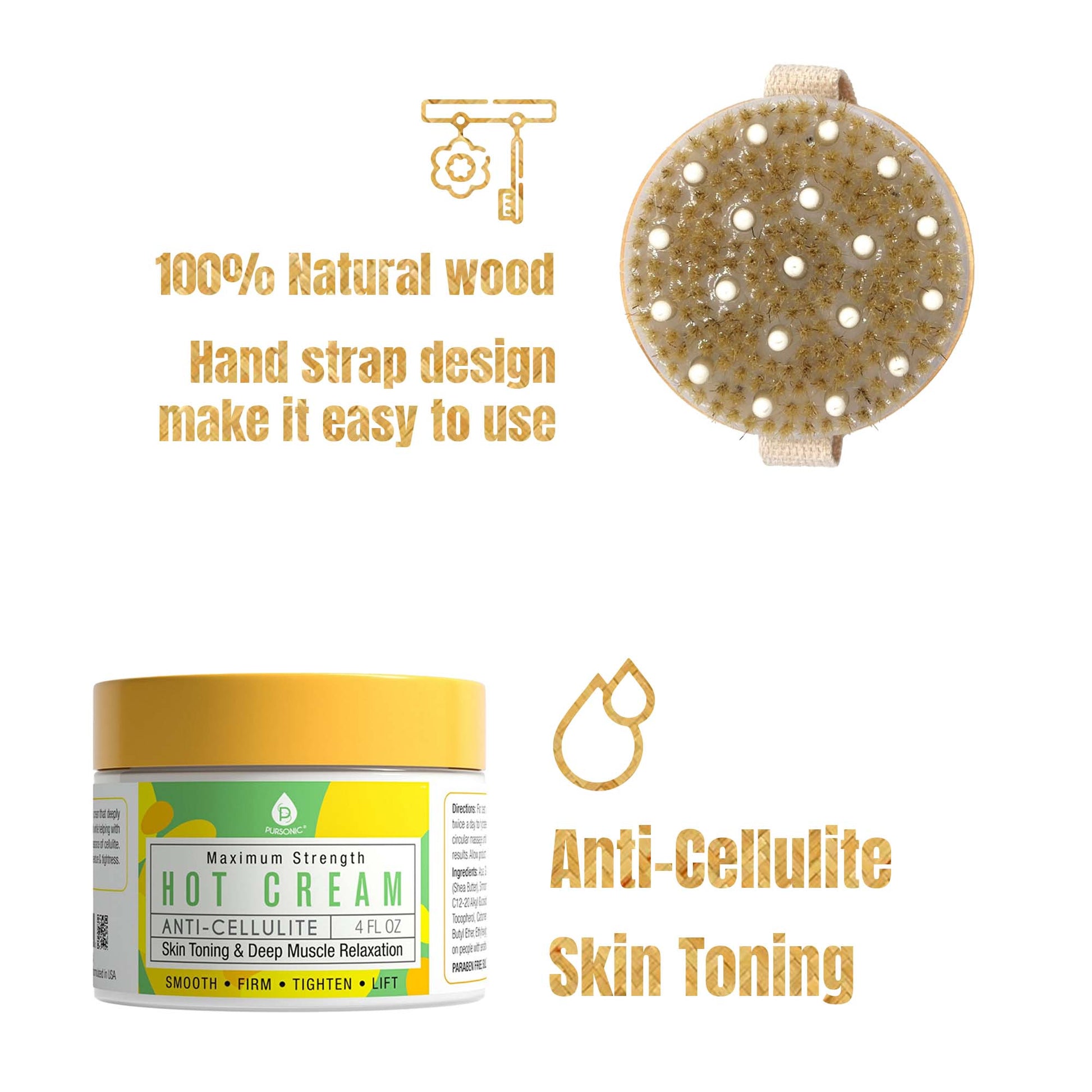 Crème chauffante anti-cellulite et relaxante musculaire Pursonic avec brosse de bain et masseur en caoutchouc - Manche en bois de lotus